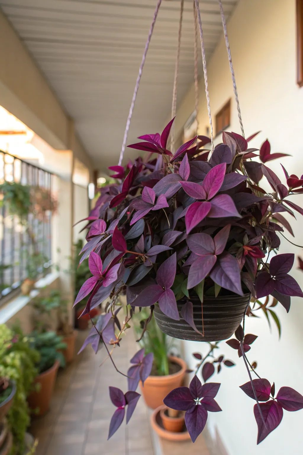 Vibrant Purple Heart Plant with deep purple leaves in a hanging basket.