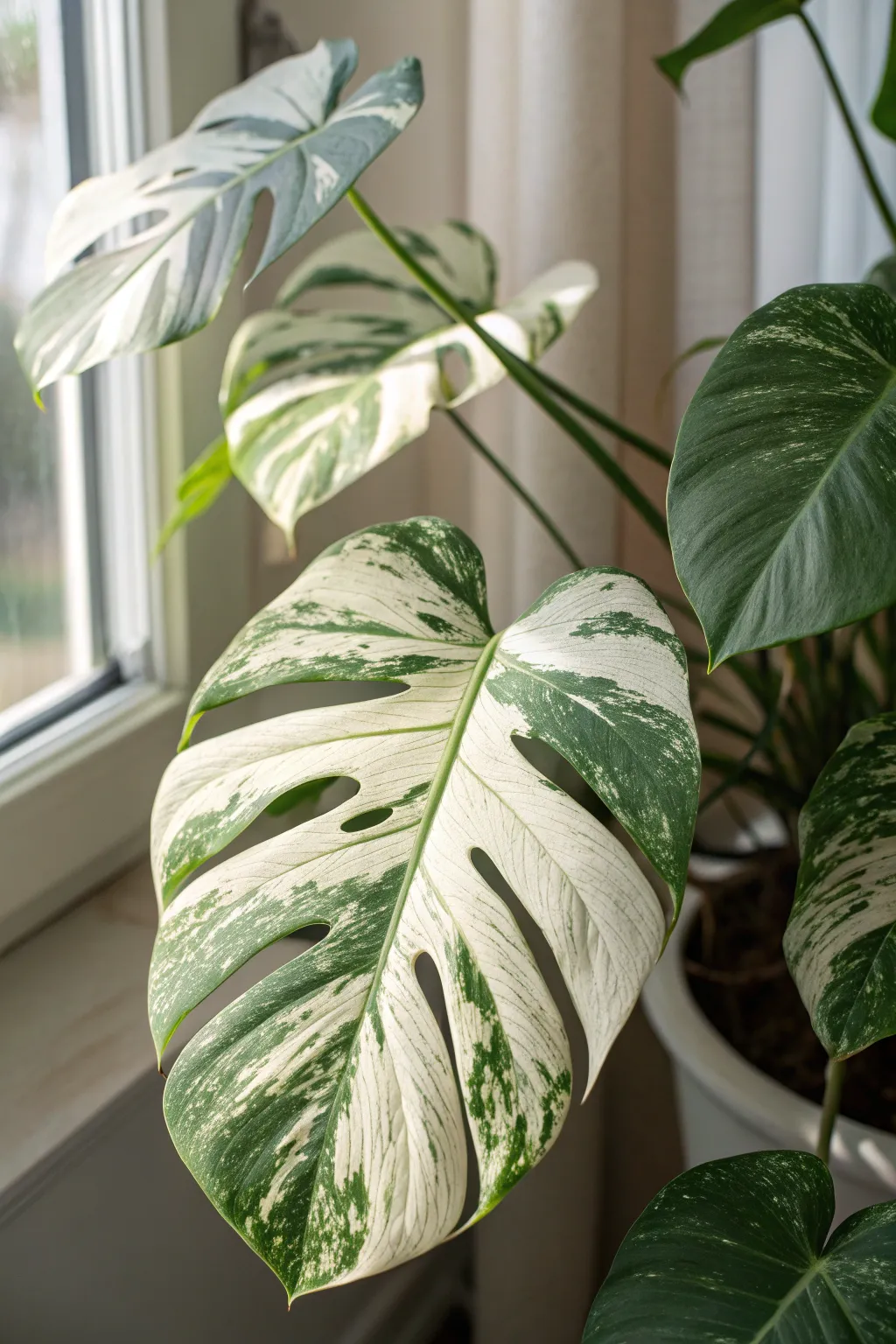 Variegated Monstera plant with large split leaves and white-green variegation.