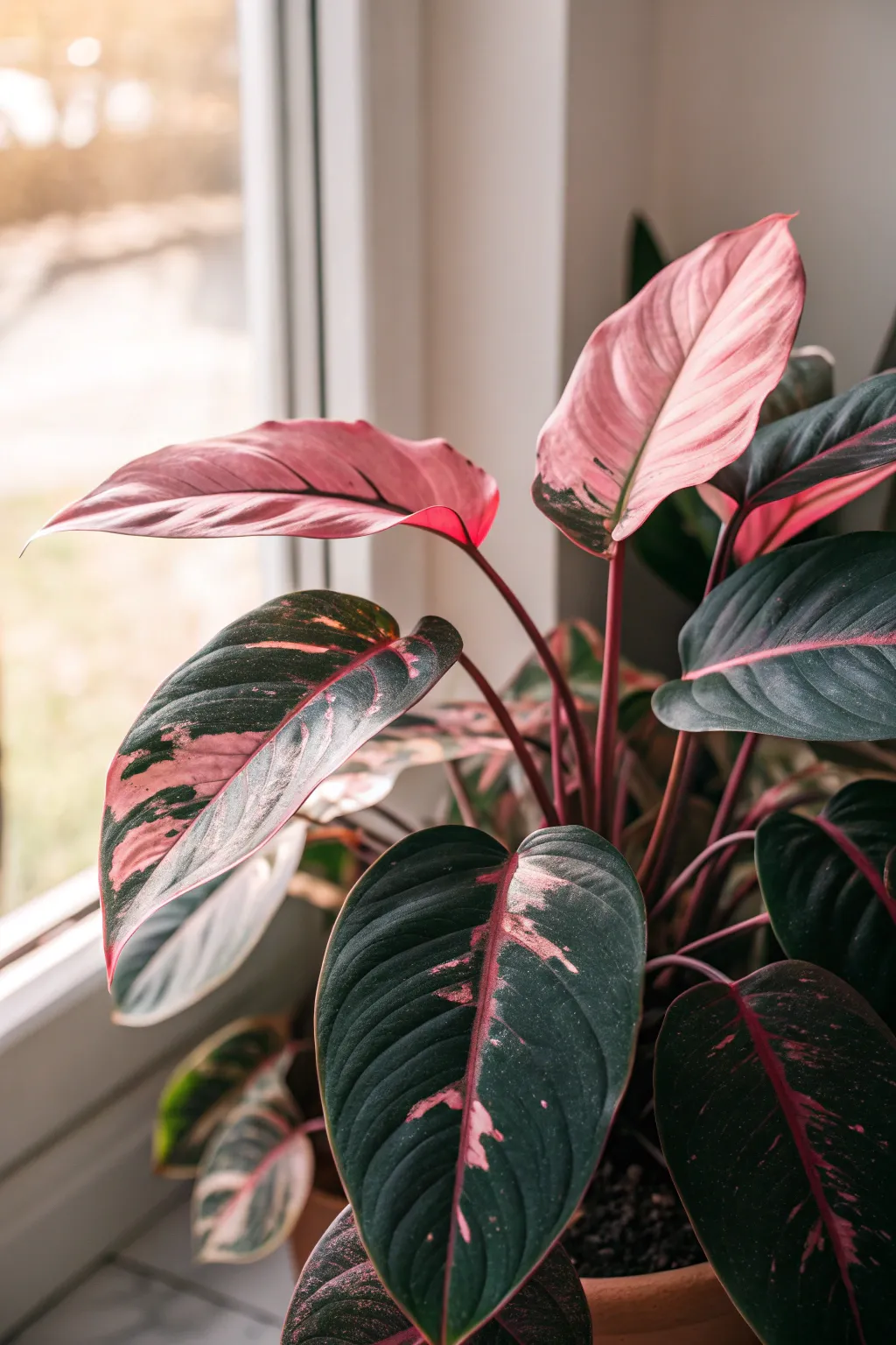Close-up of Pink Princess Philodendron leaves with vibrant pink splashes.