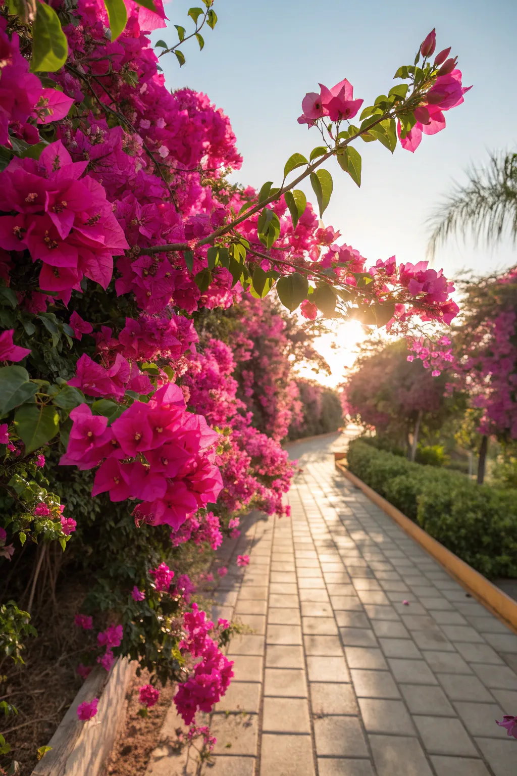 Bright magenta flowers of Fuchsia Flowering Bougainvillea in a garden.