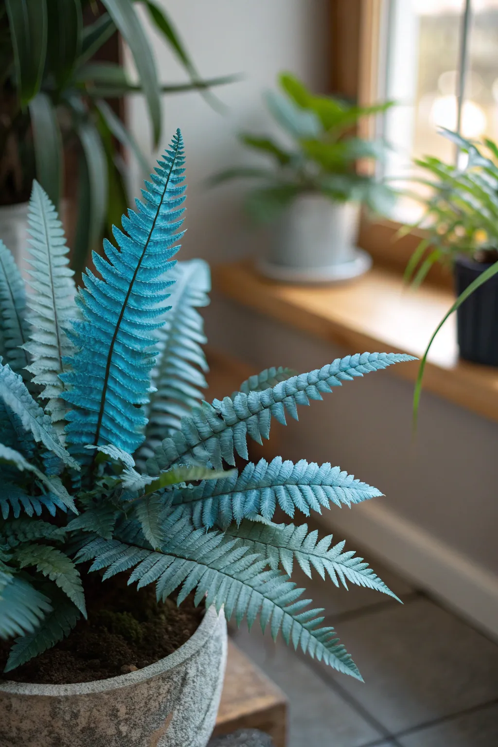 Blue Star Fern with blue-green fronds in a softly lit indoor setting.