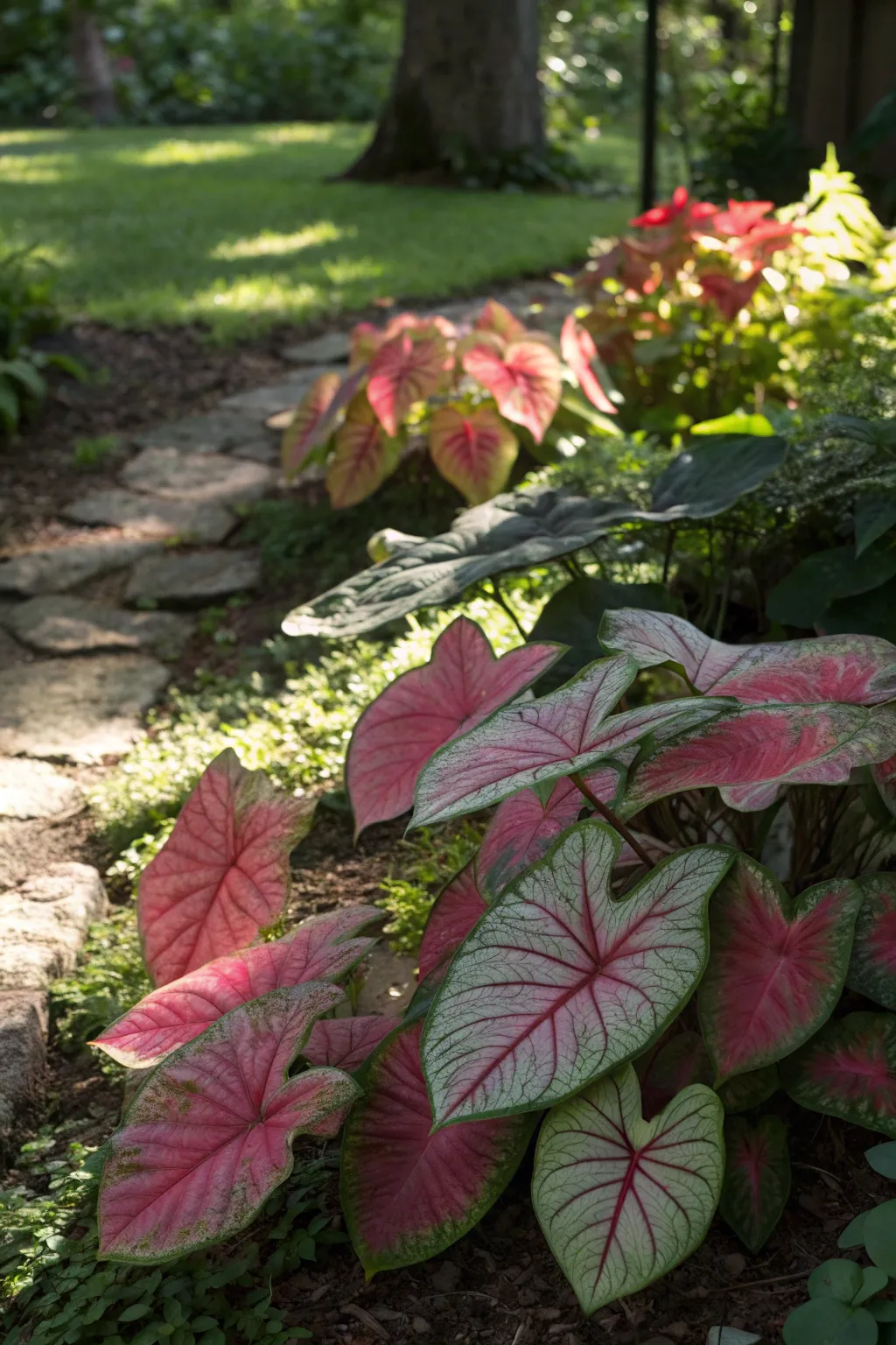 Cluster of Caladium plants with vibrant pink, red, and green leaves.