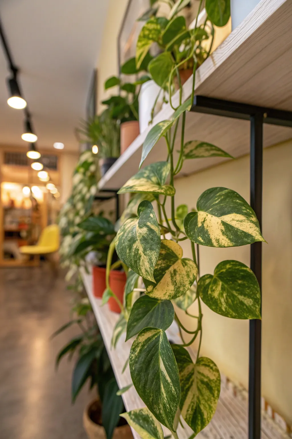 Painted Lady Pothos with variegated leaves trailing from a shelf.