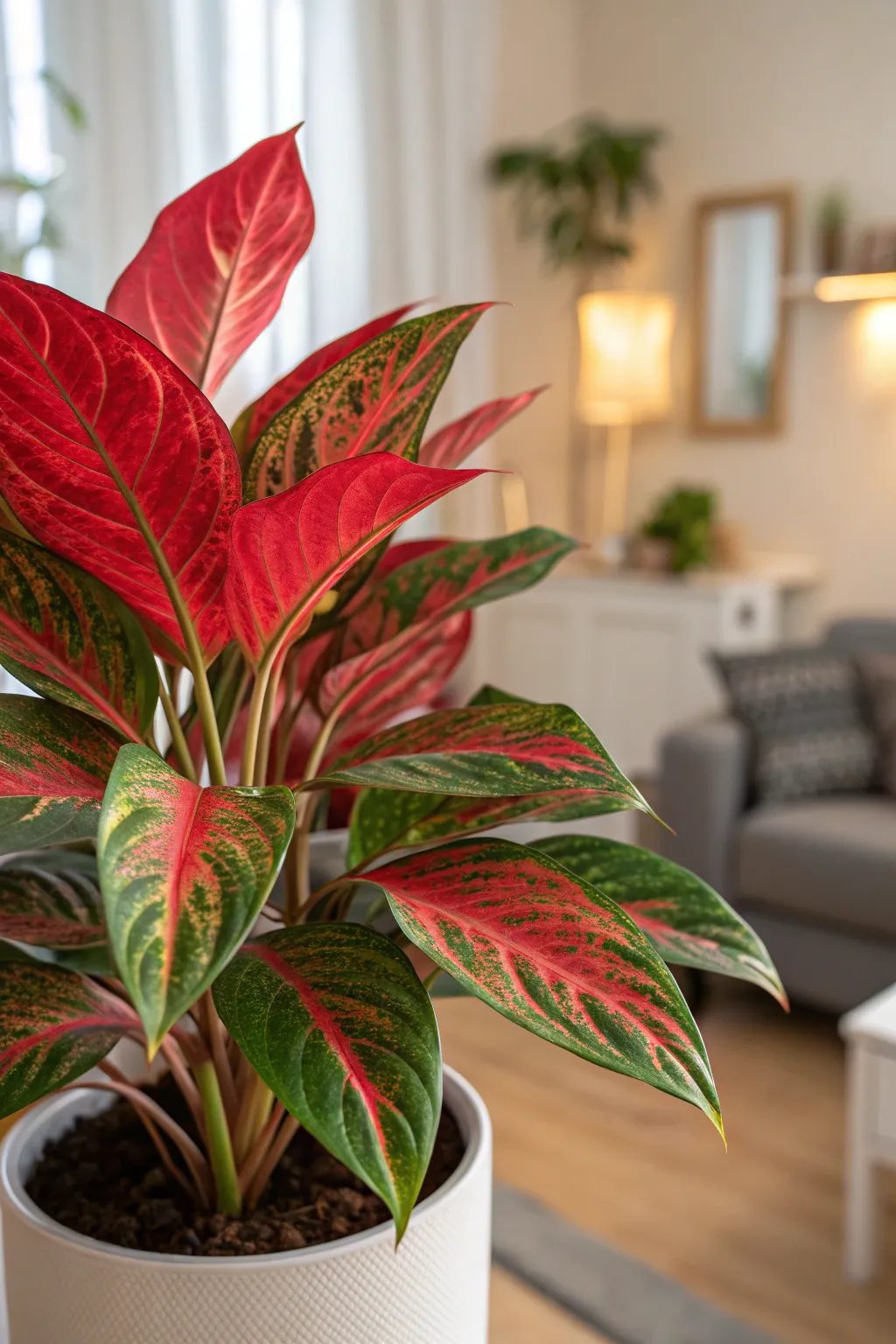 Red Aglaonema with vibrant red and green leaves in an indoor setting.