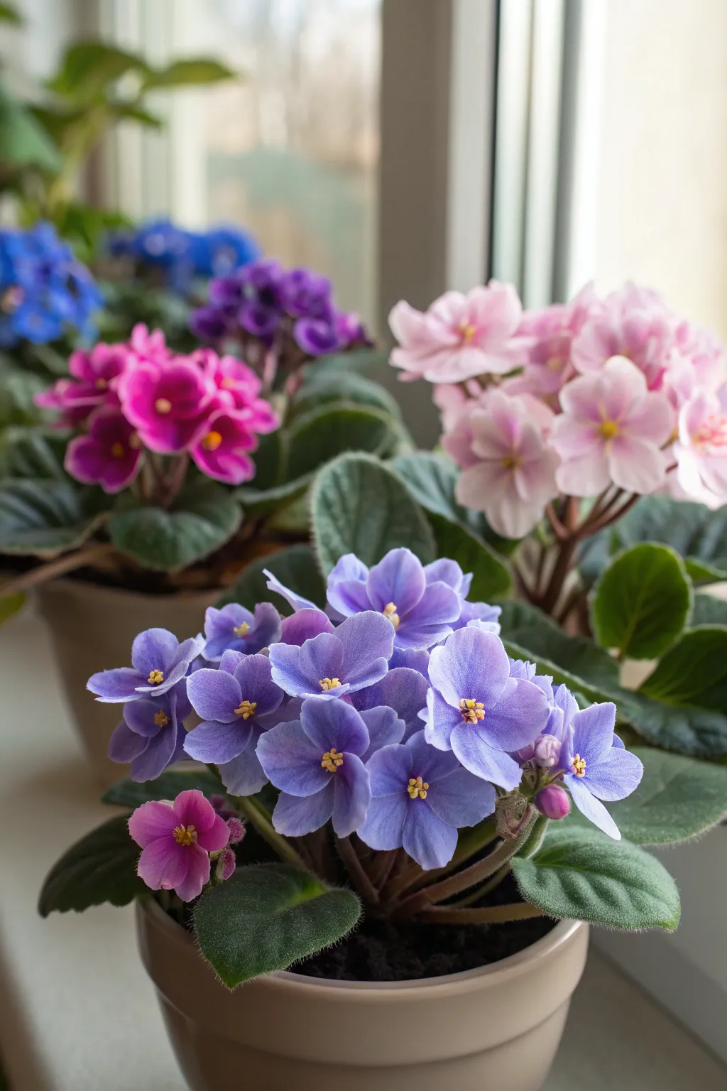Group of African Violets with colorful flowers in shades of purple and pink.