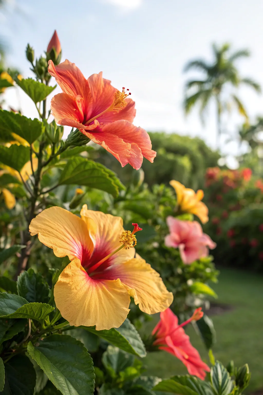 Tropical Hibiscus with large colorful blooms in a sunny garden.