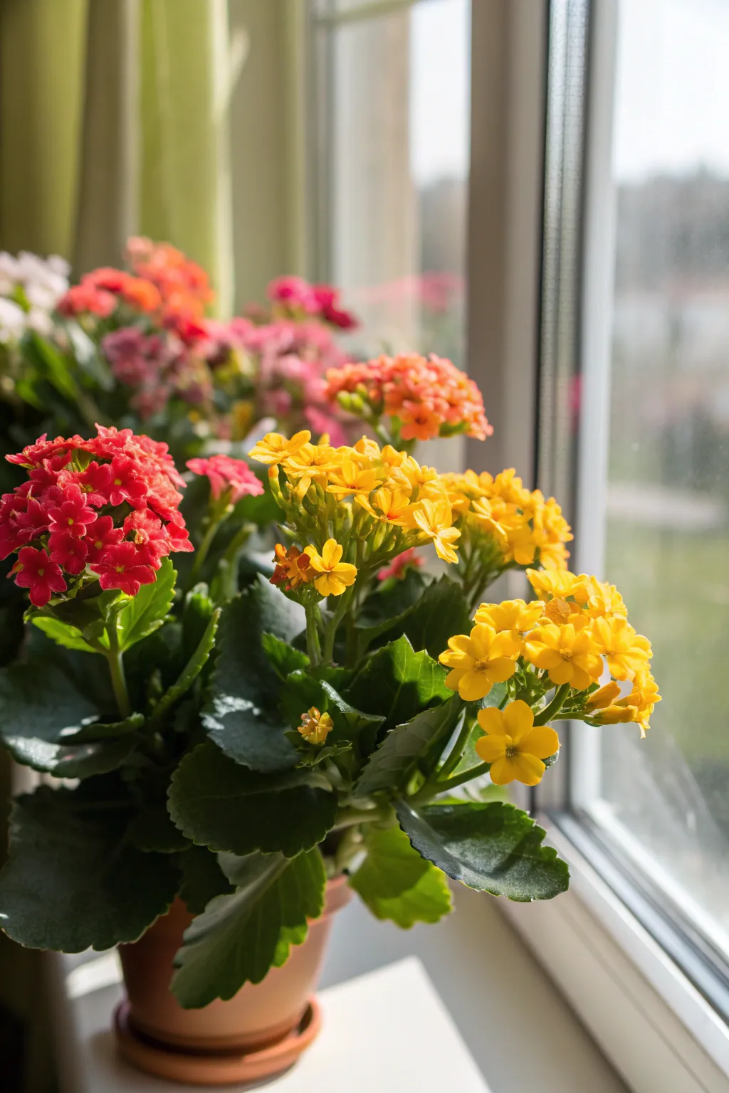 Flowering Kalanchoe with clusters of bright flowers in a sunny window.