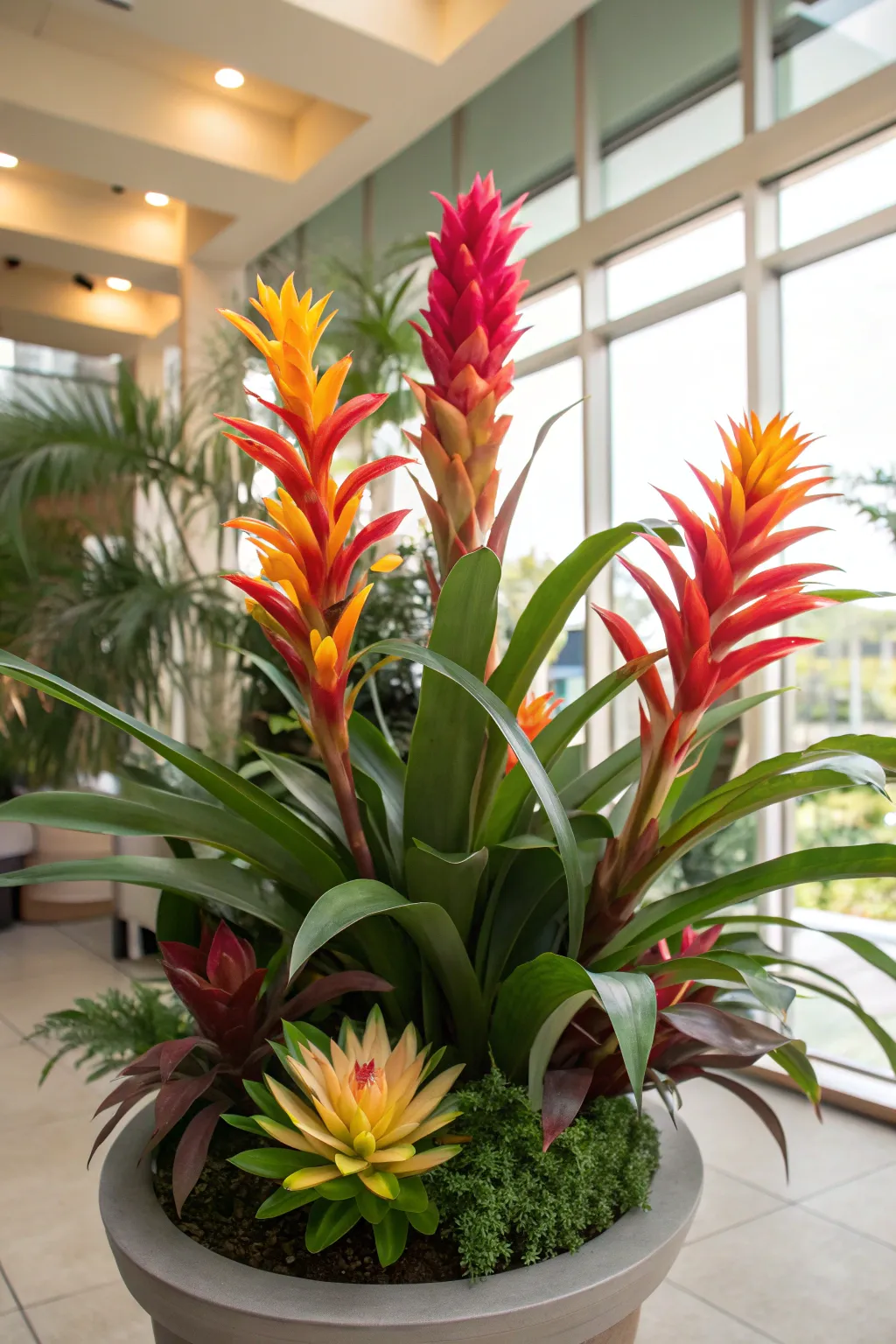 Colorful Bromeliad with vibrant flowers and unusual shapes indoors.