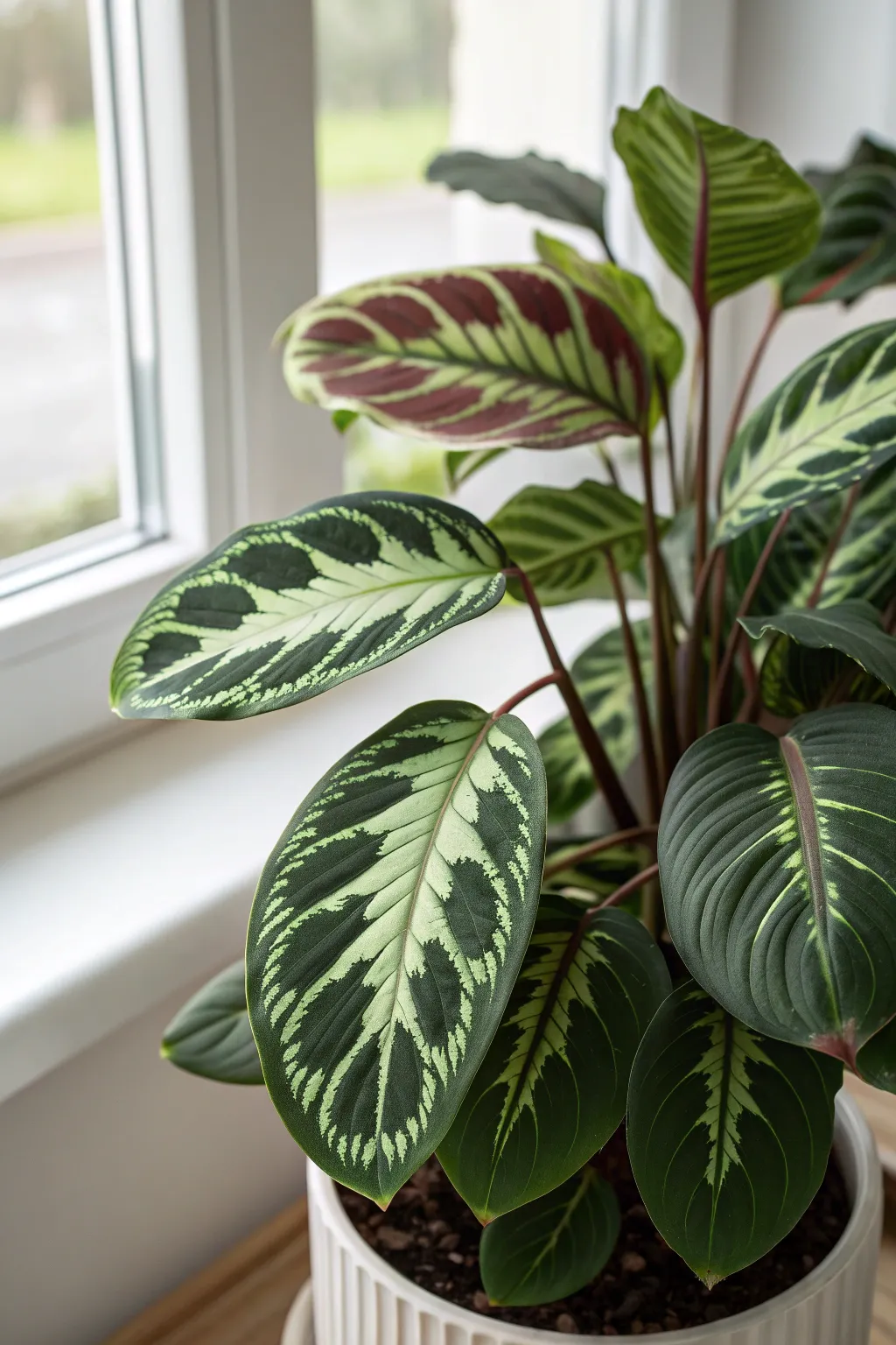 Calathea Medallion with intricate leaf patterns in a well-lit indoor setting.