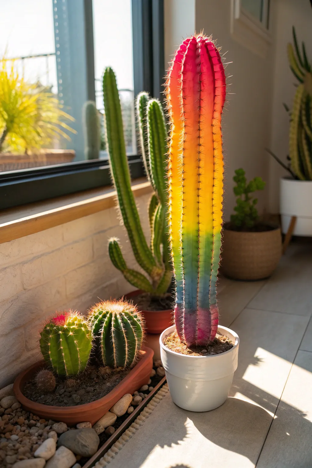 Rainbow Cactus with bright vibrant colors in a sunny indoor setting.