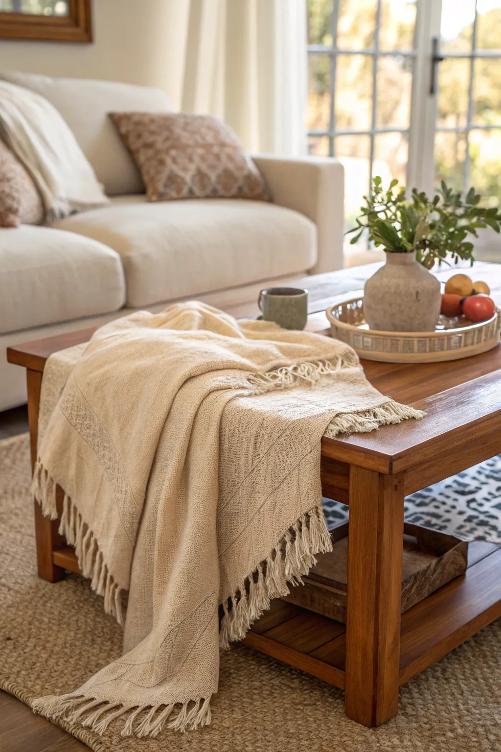 A wooden coffee table with a light throw blanket, soft textures, and warm lighting