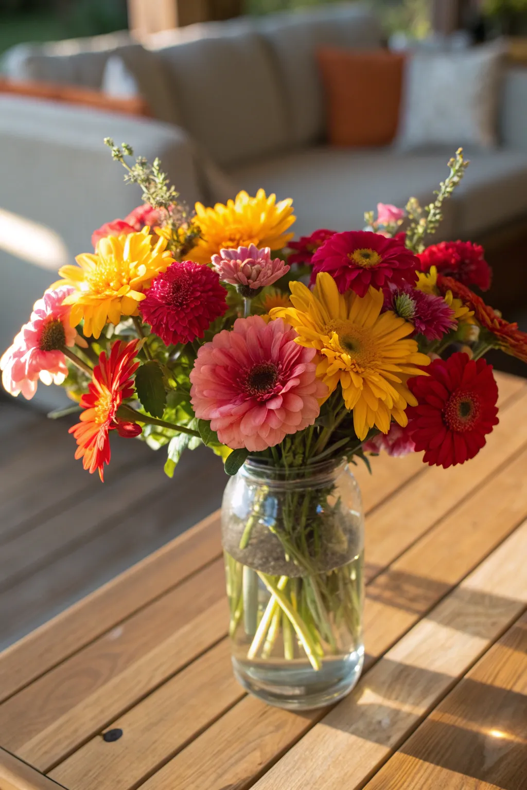 A vase of seasonal flowers on a wooden coffee table, bright and colorful decor