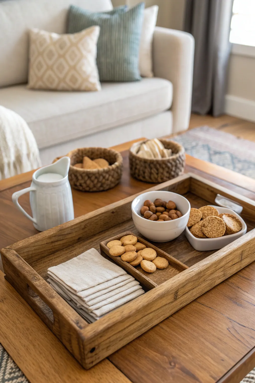 A rustic wooden tray organizing items on a coffee table, warm and inviting setup