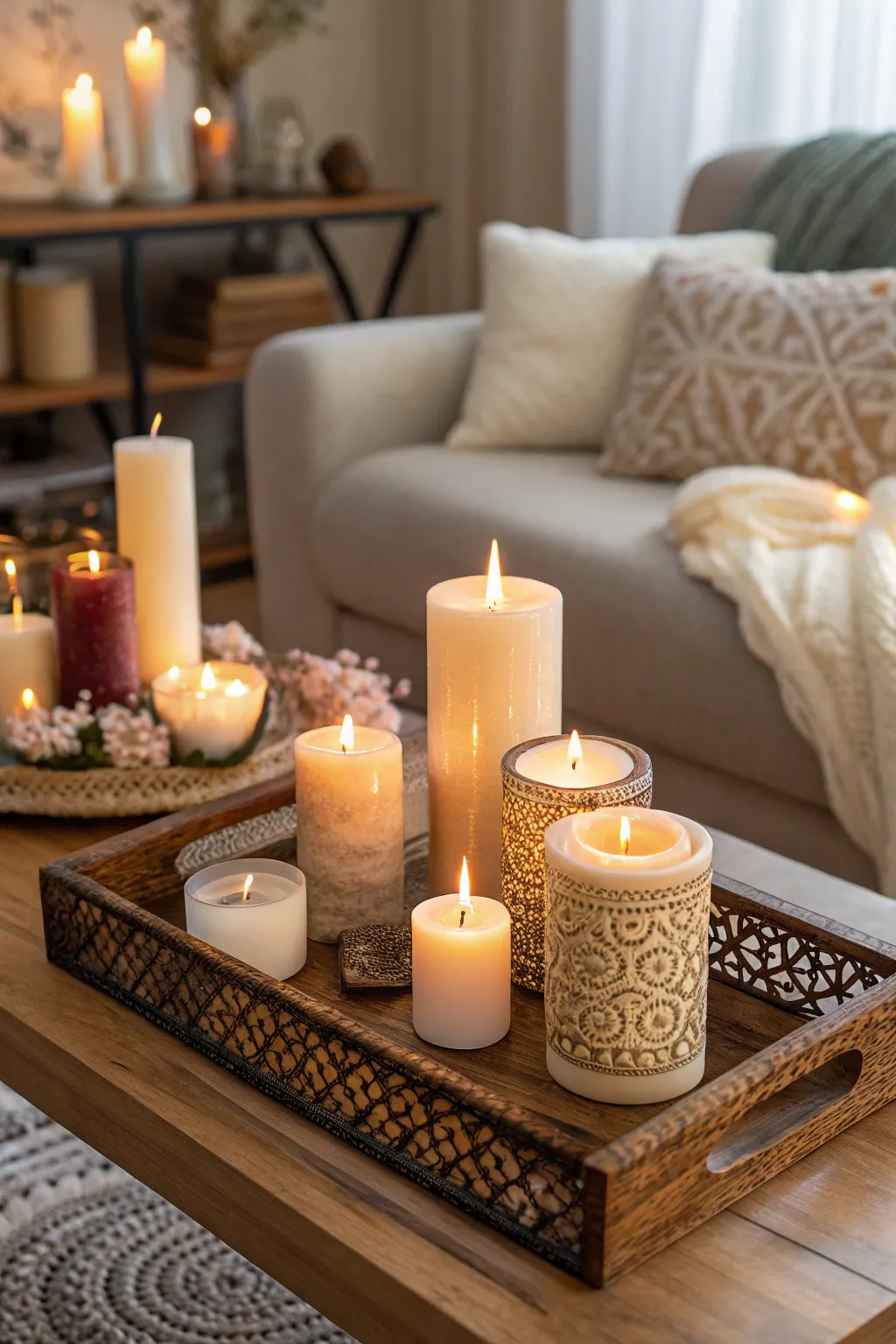 A decorative tray with assorted candles on a coffee table, creating a cozy atmosphere