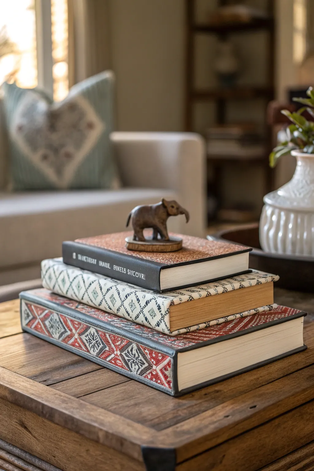 Decorative books stacked on a coffee table with a small sculpture on top