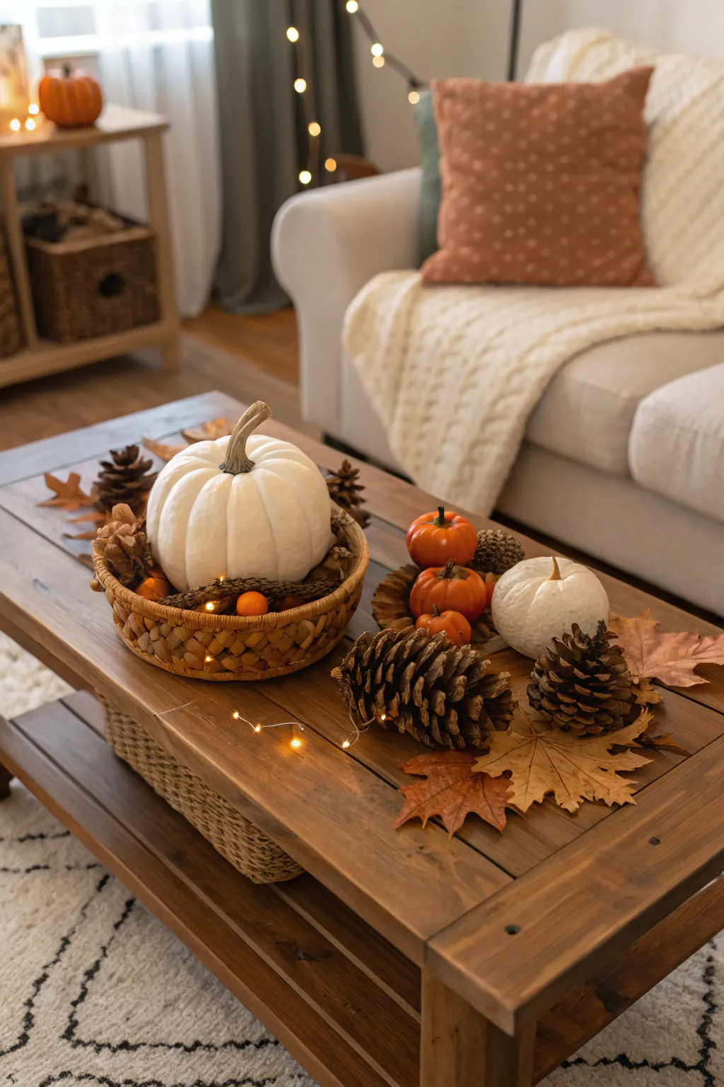A wooden coffee table decorated with seasonal pinecones and pumpkins