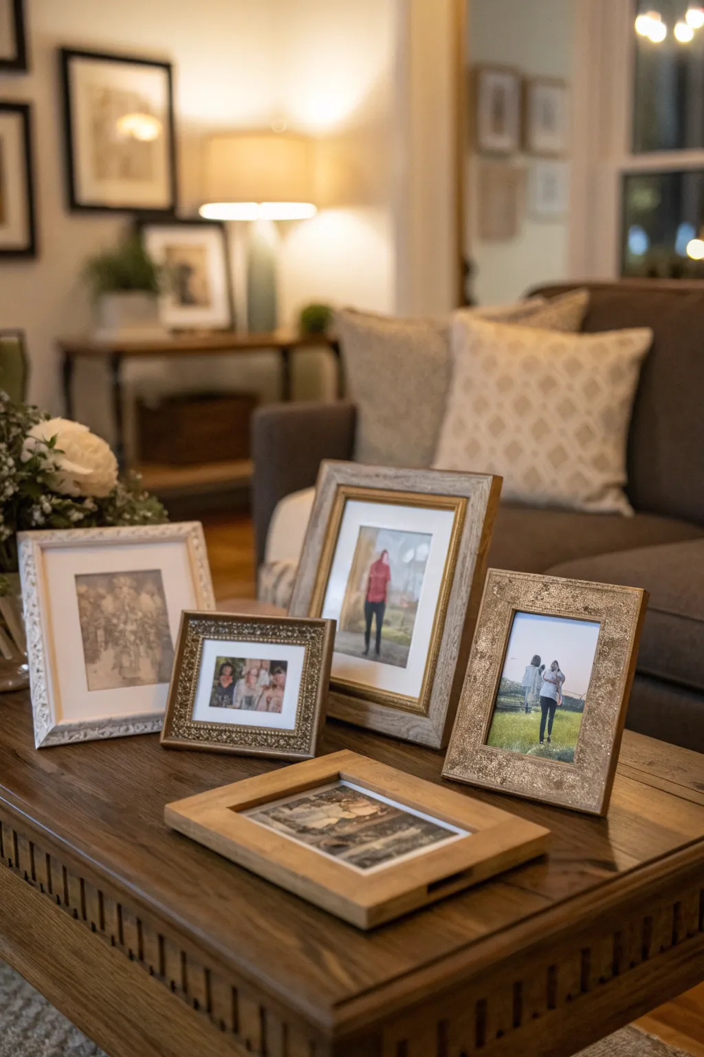 An eclectic arrangement of framed photos on a coffee table, adding personality