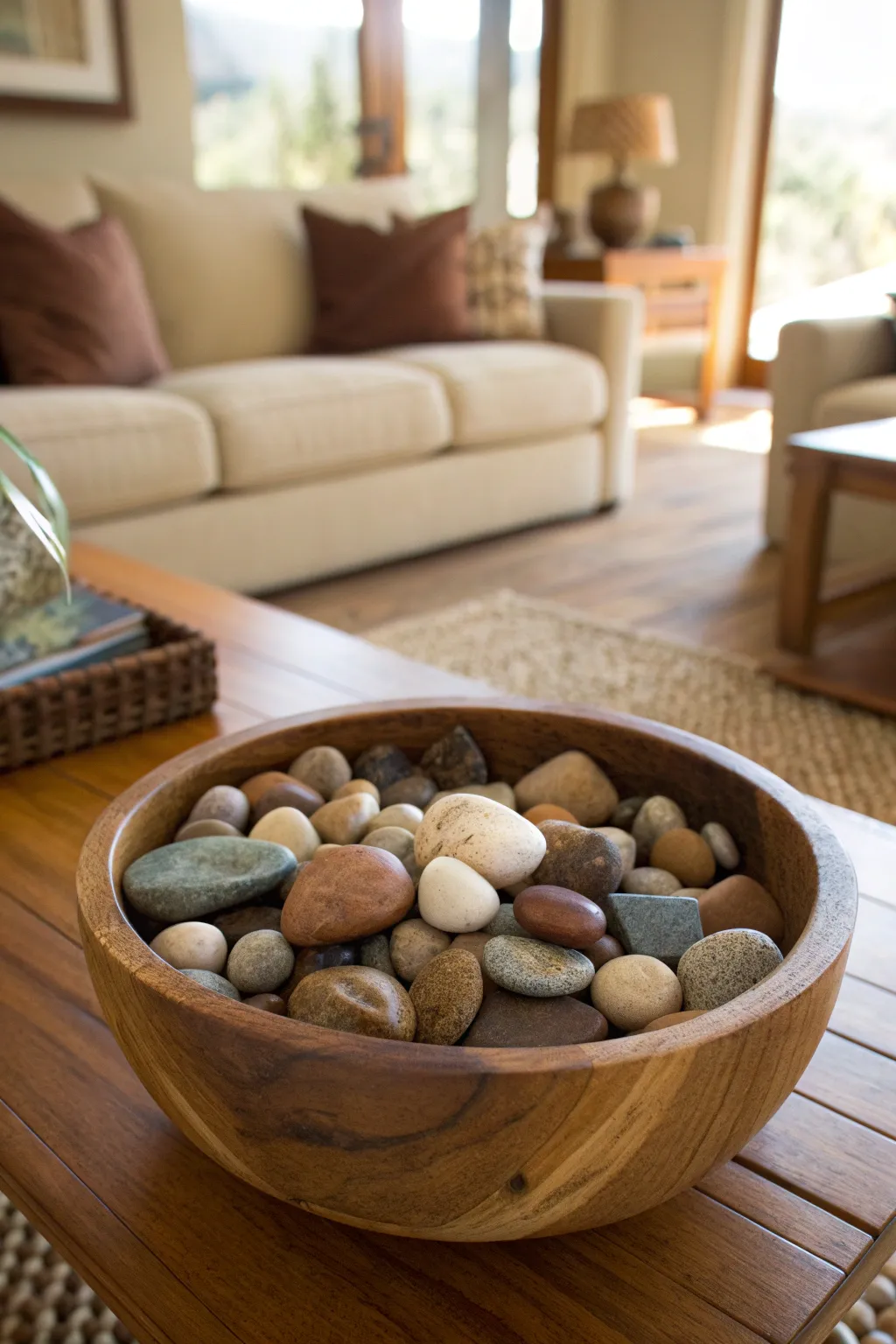 A round wooden bowl filled with colorful decorative stones on a coffee table