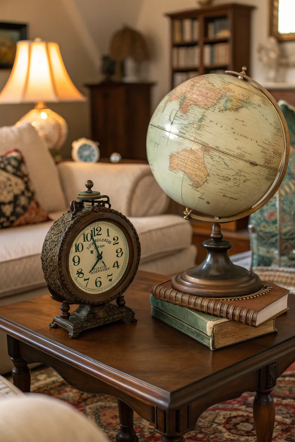 A vintage clock and globe on a wooden coffee table, adding charm and character