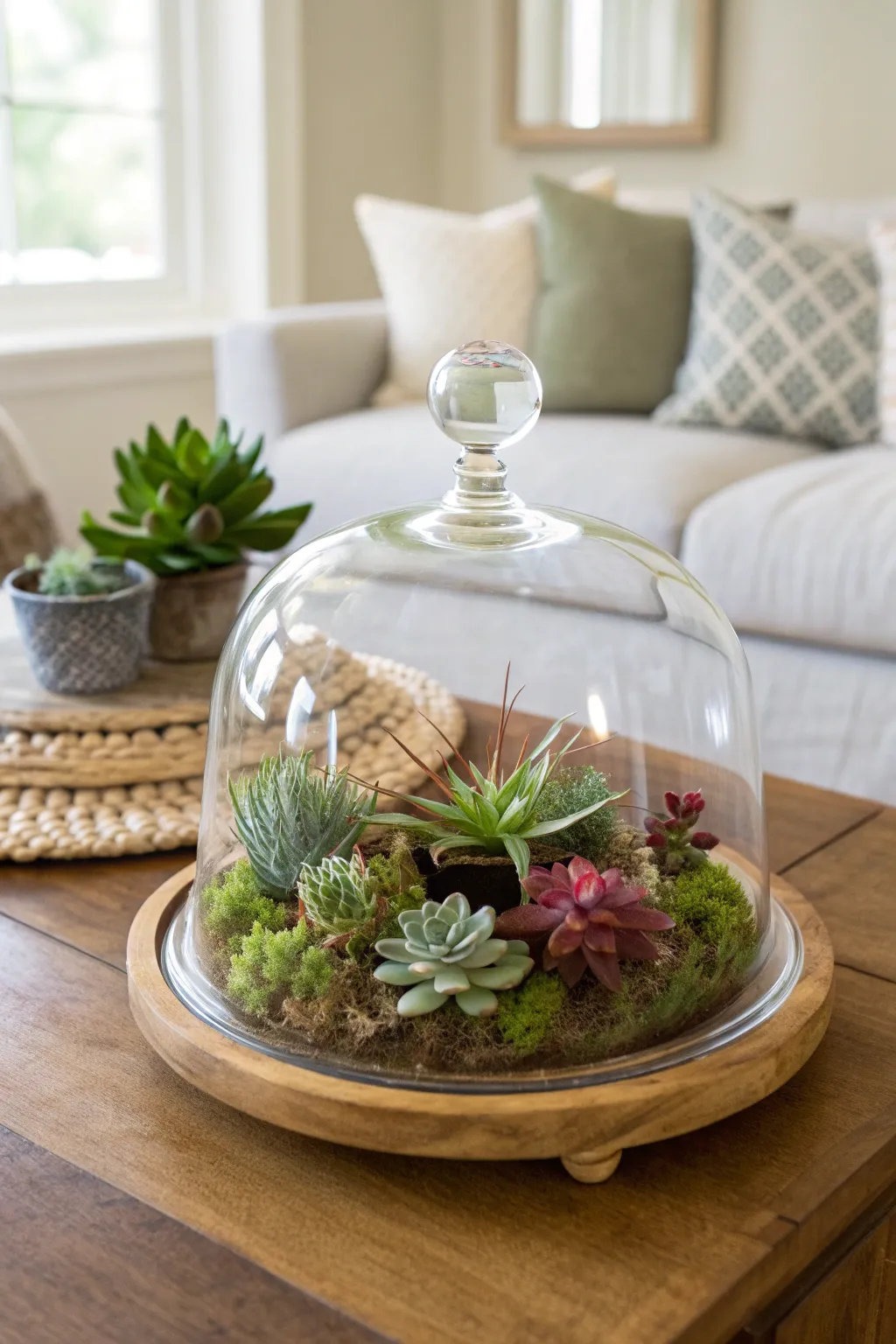 A glass cloche with succulents displayed on a wooden coffee table