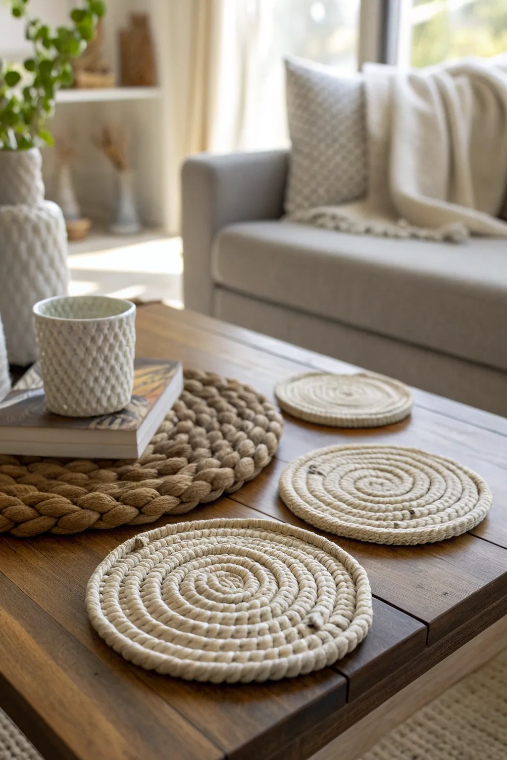 Stylish natural material coasters arranged on a wooden coffee table