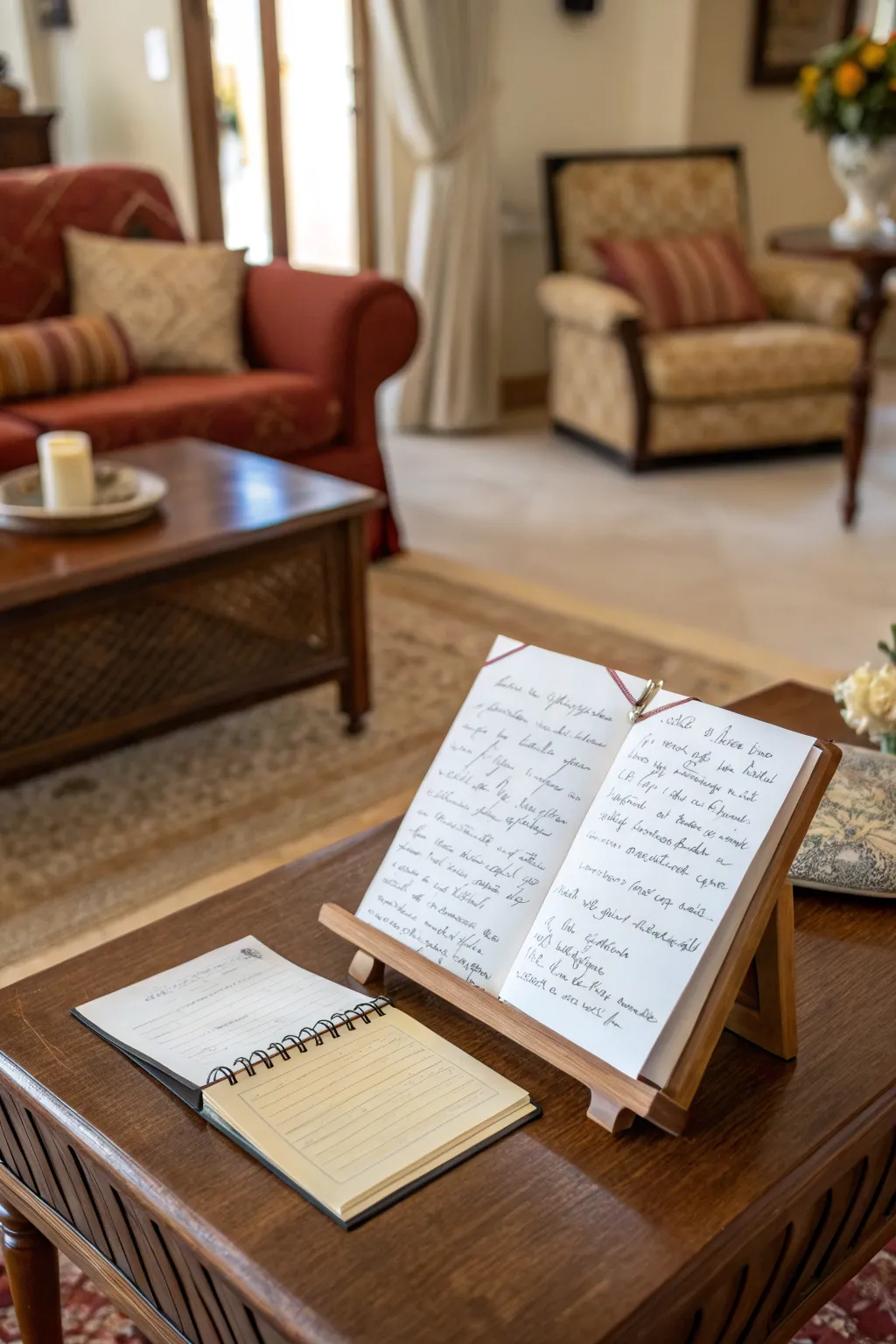 Handwritten notes on a small easel on a coffee table, adding warmth