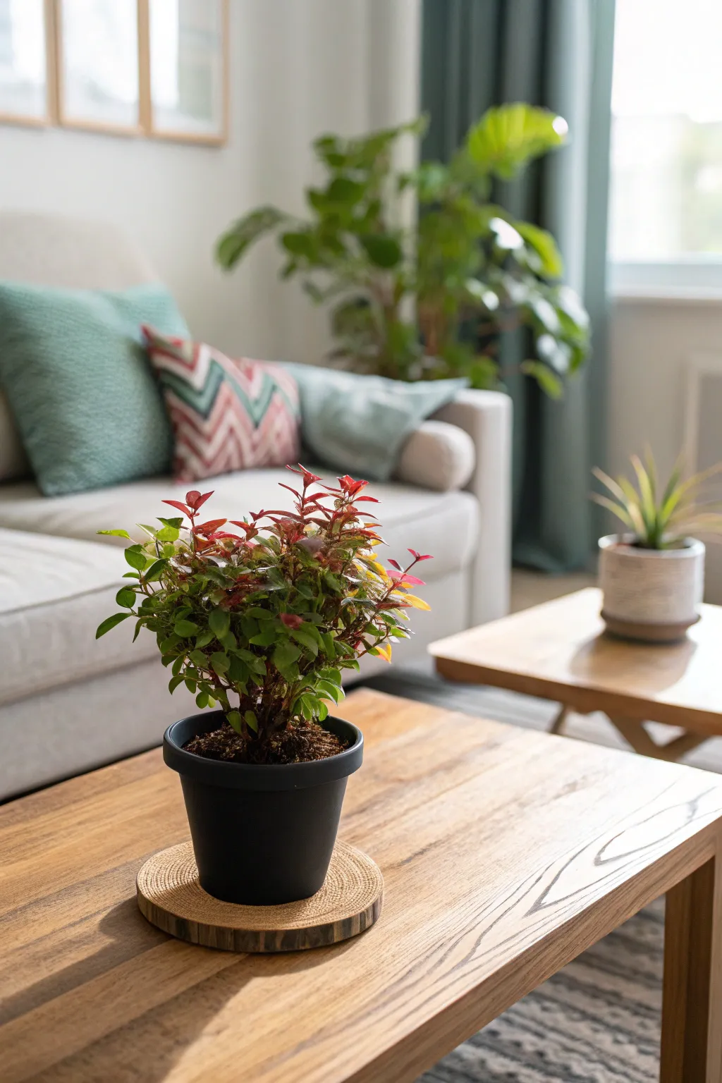 A small potted plant on a natural wood coffee table, adding life to the decor