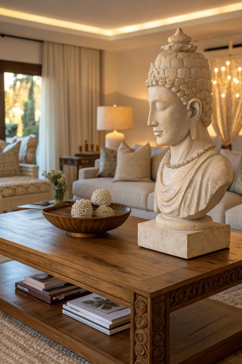 A large sculpture as a statement piece on a spacious coffee table