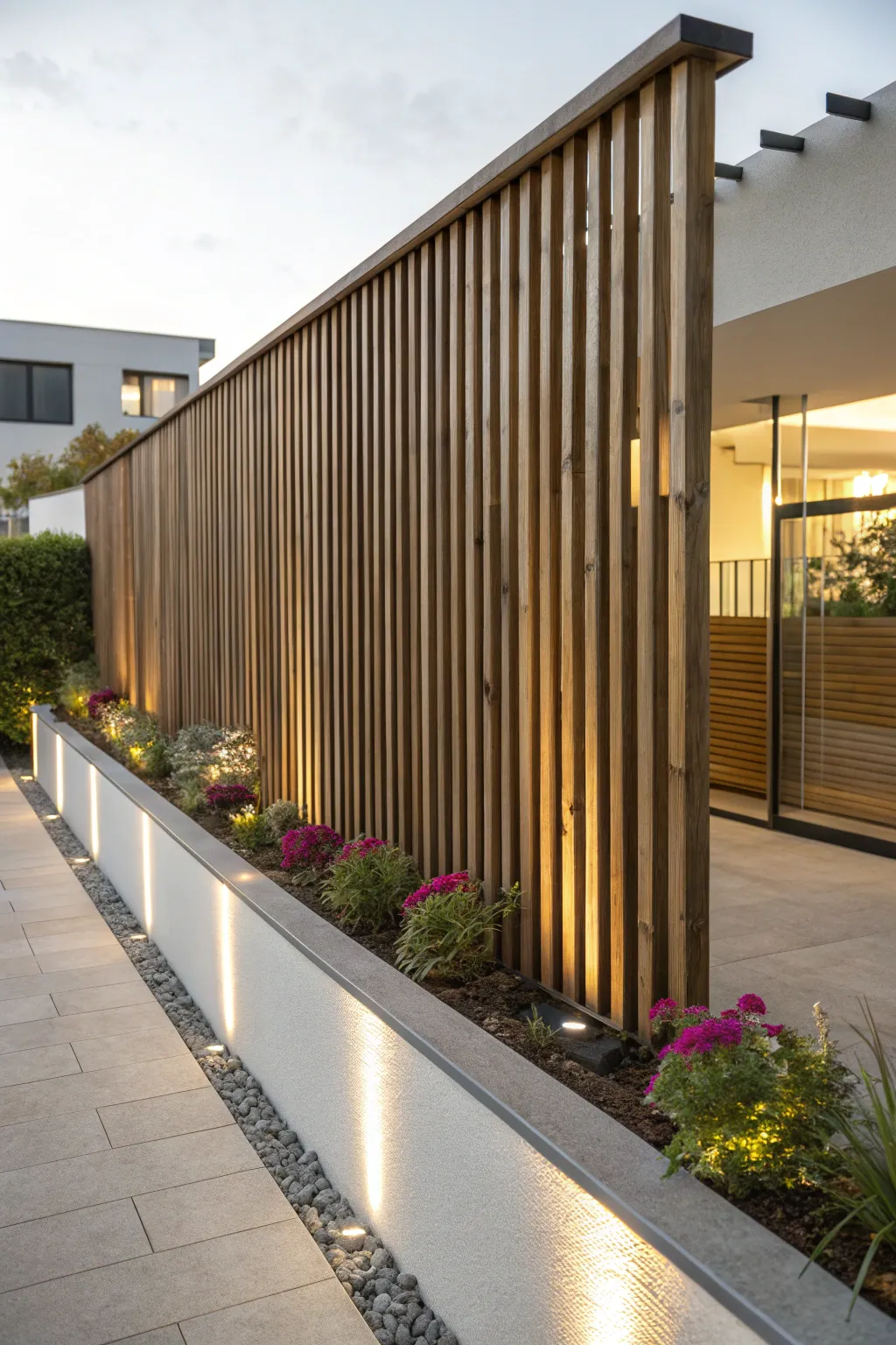 A contemporary fence of vertical bamboo slats in a modern garden setting.