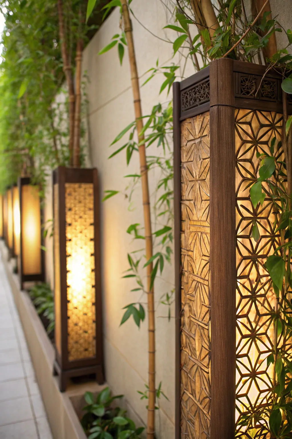 Artistic decorative bamboo panels adorned with climbing plants in a garden.