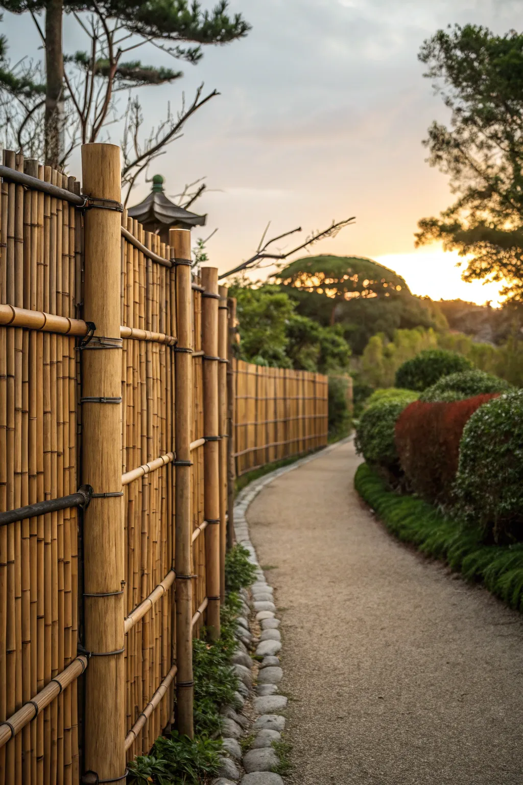 A layered bamboo fence creating depth and interest in a garden landscape.