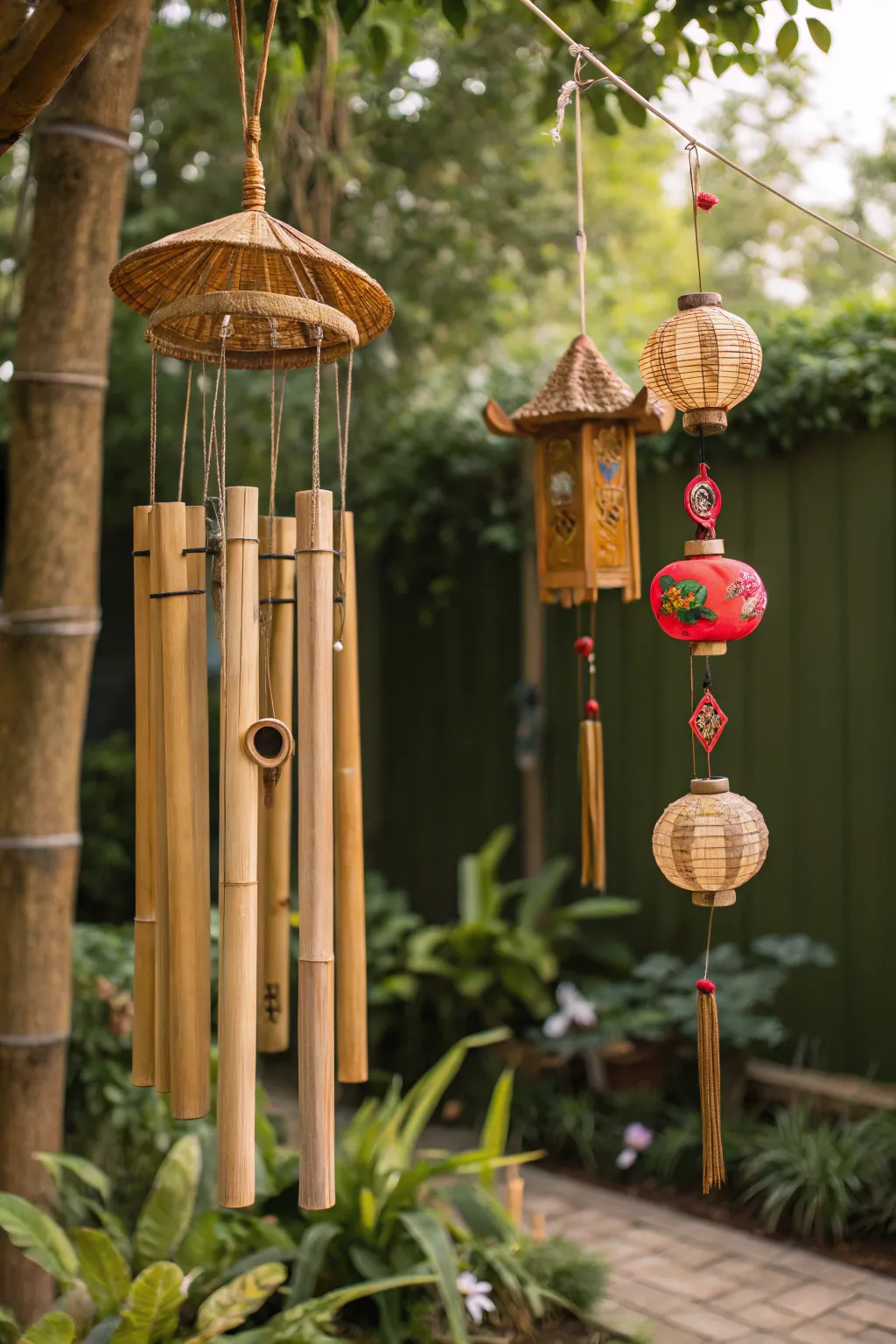Decorative bamboo crafts like wind chimes and lanterns in a garden.