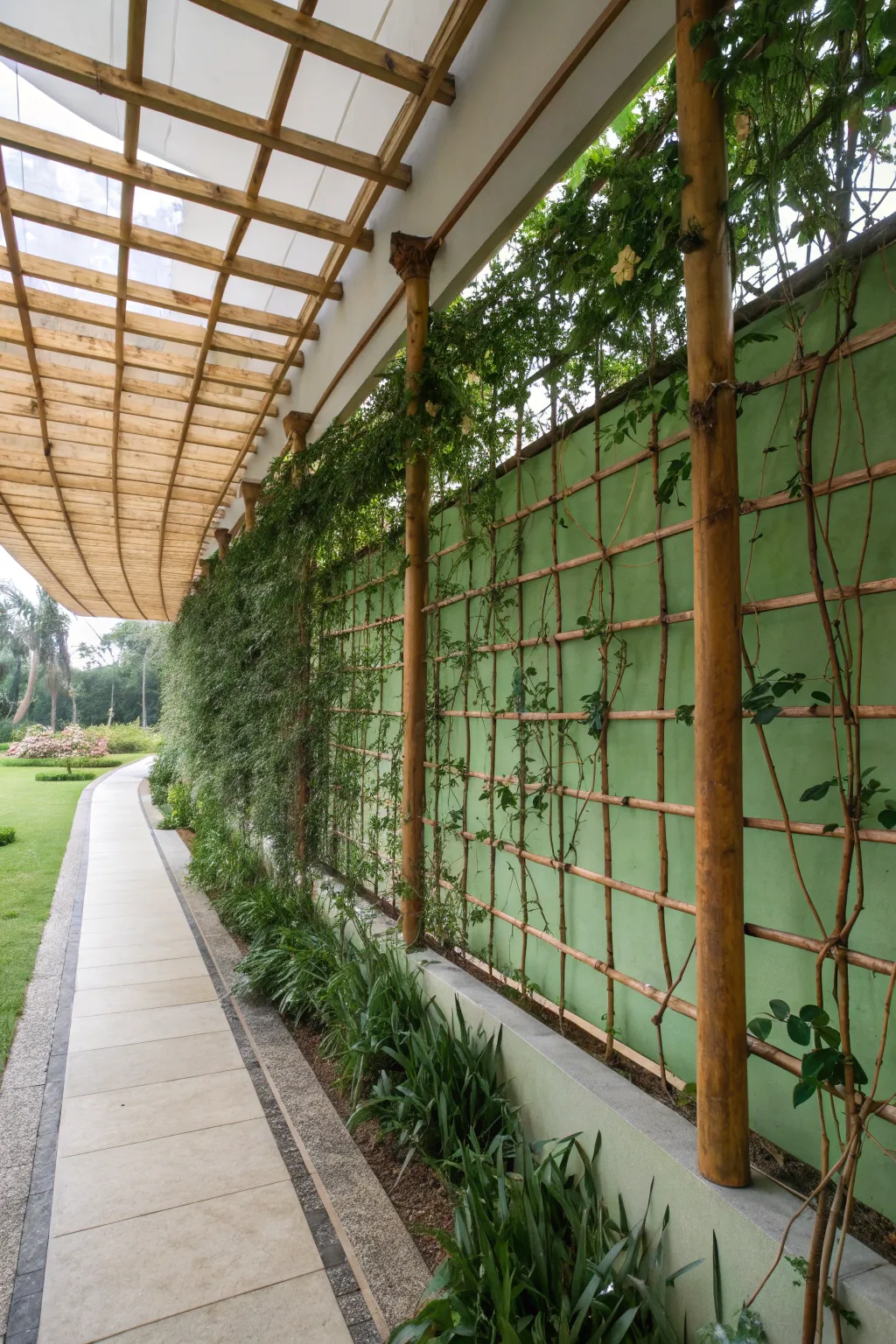 A bamboo trellis adorned with climbing plants in a vibrant garden setting.