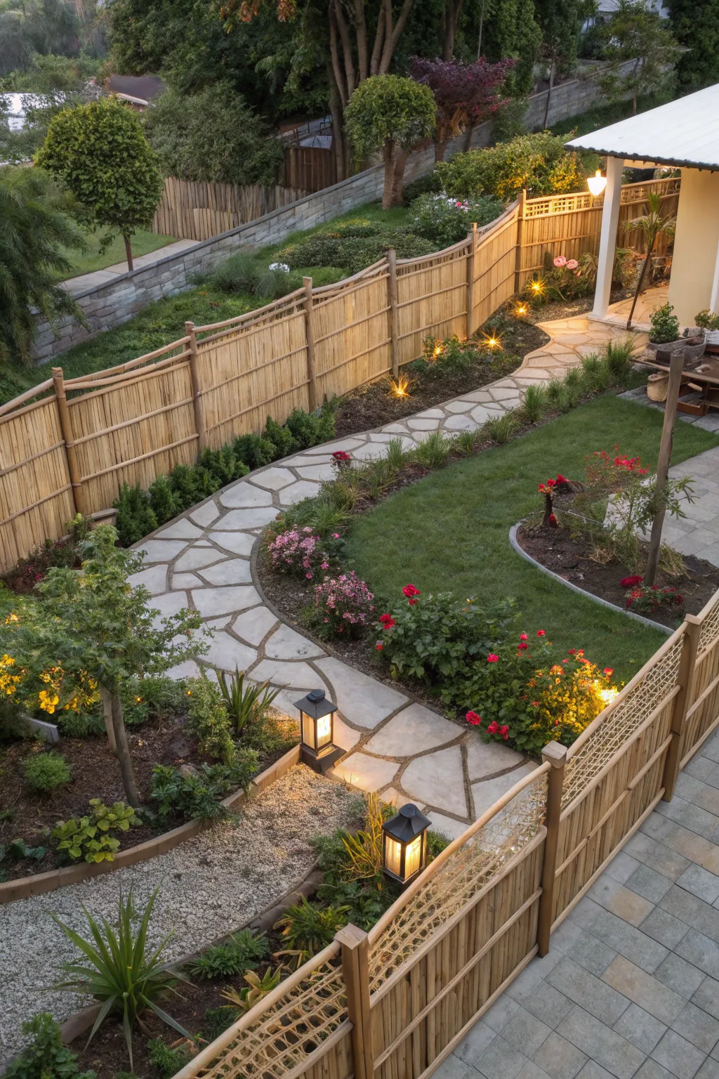 Bamboo fencing creating natural flow in a beautifully landscaped garden.