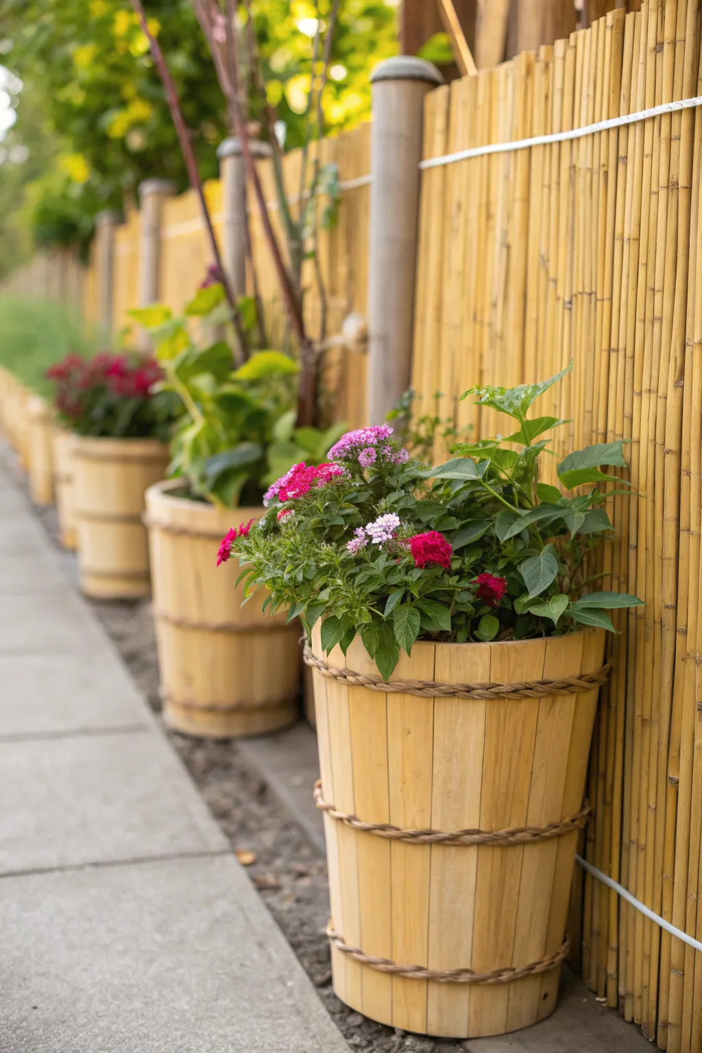 Colorful bamboo planters accentuating a bamboo fence in a garden.