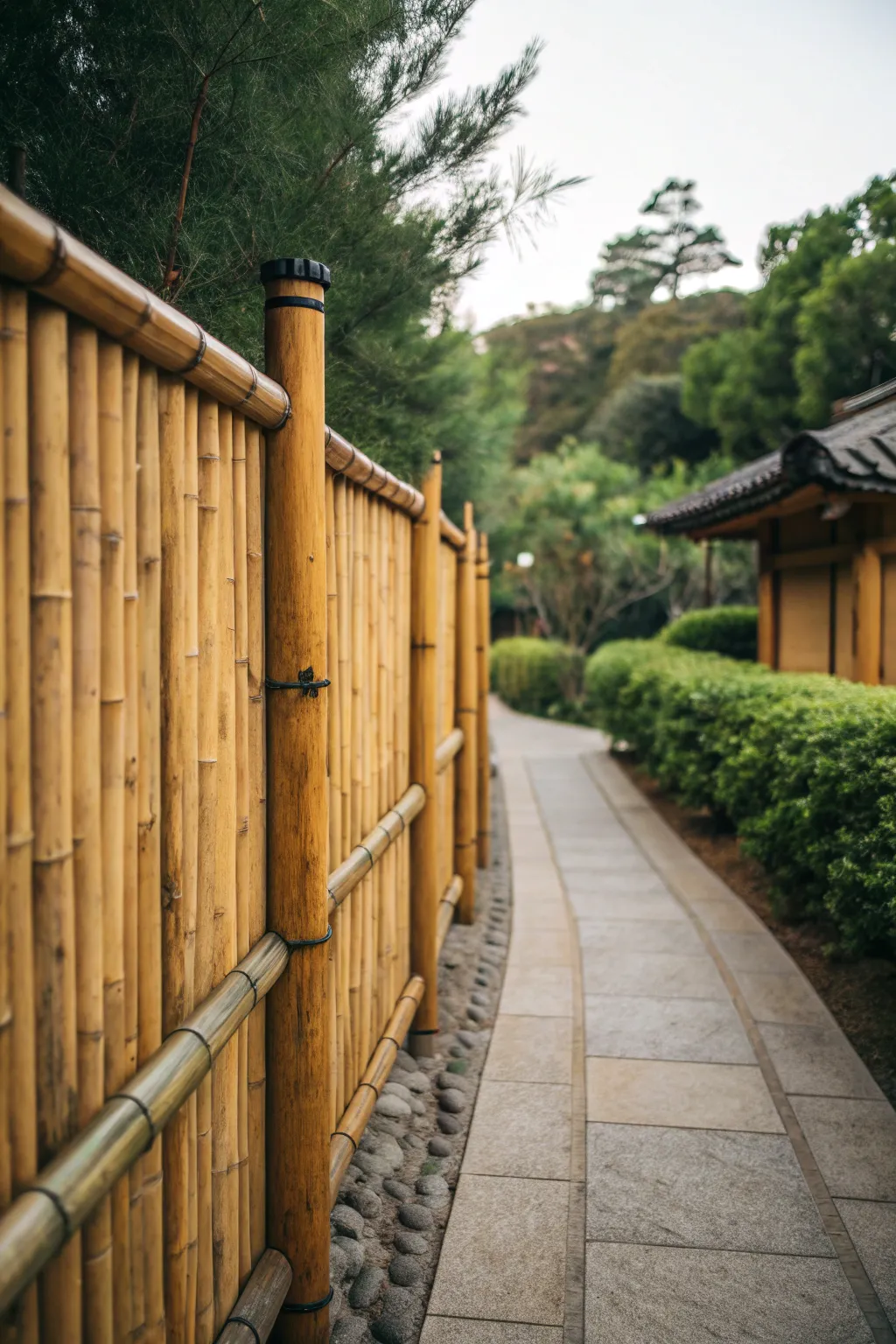 Eco-friendly recycled bamboo fencing in a sustainable garden setting.