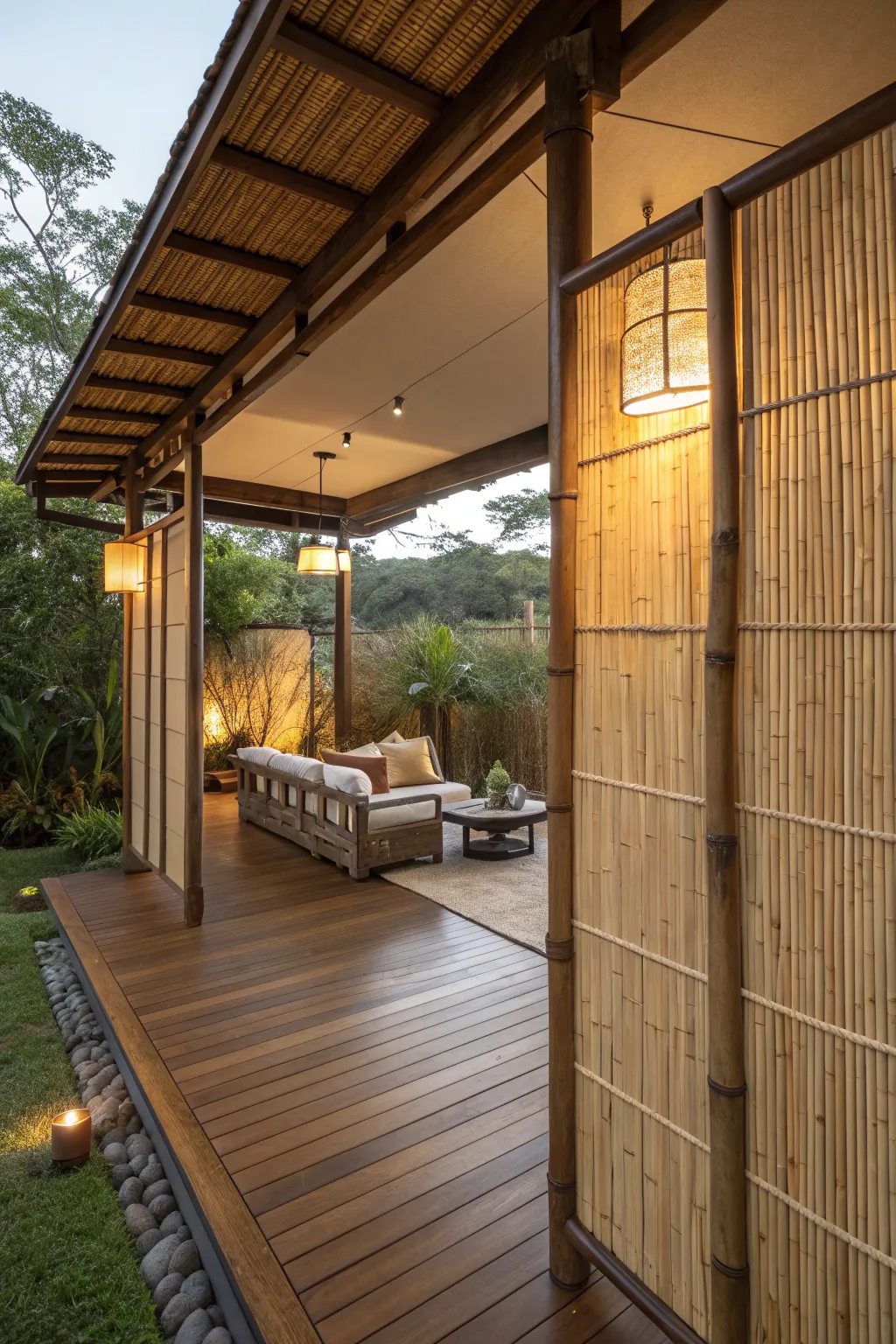 Bamboo screening providing privacy in a cozy outdoor room.