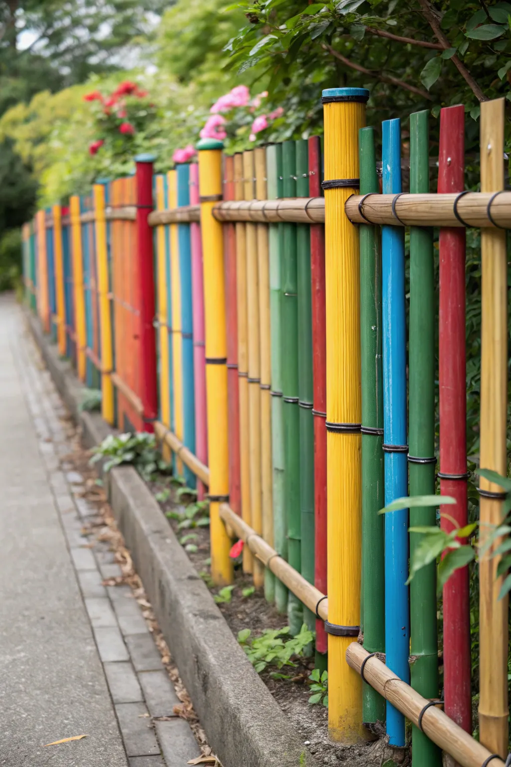 Vibrant bamboo fencing with colorful paint treatments in a garden.
