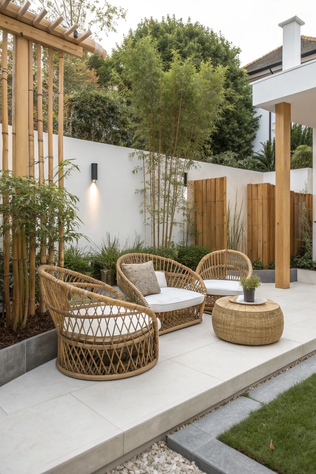 Bamboo accents enhancing contemporary garden design with organic textures.