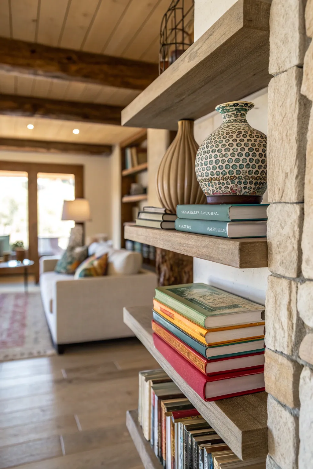 Layered books and decorative objects on built-in shelves in a cozy living room.