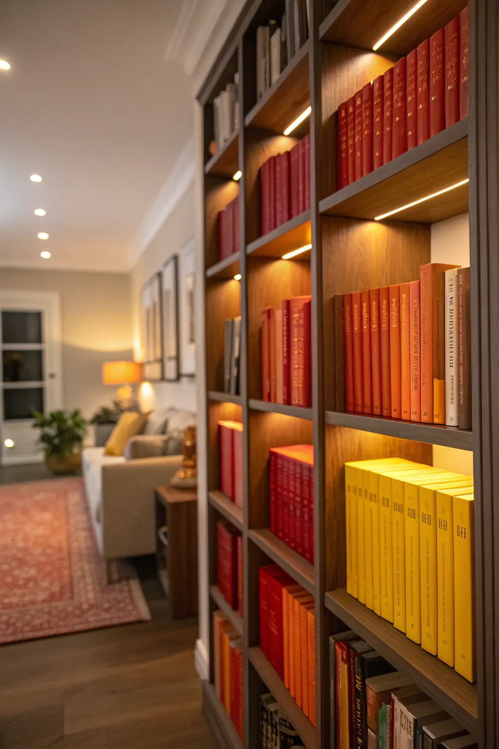 Color-coordinated books arranged on a shelf, enhancing a warm living room decor.