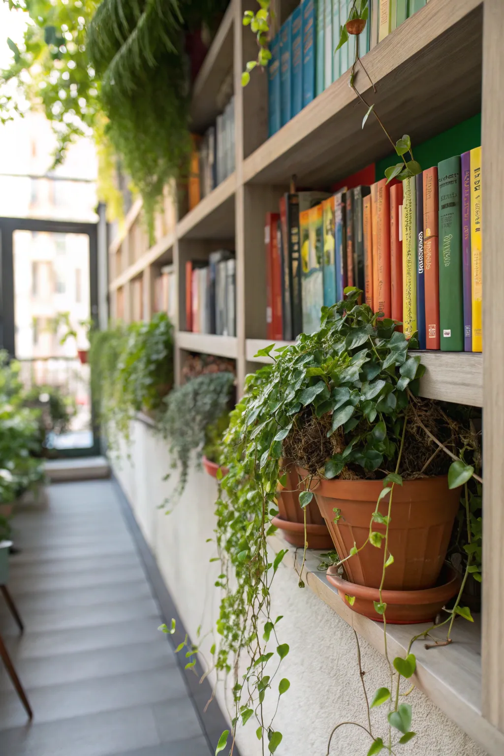 Potted plants and trailing vines integrated with books on a shelf, creating a lively atmosphere.