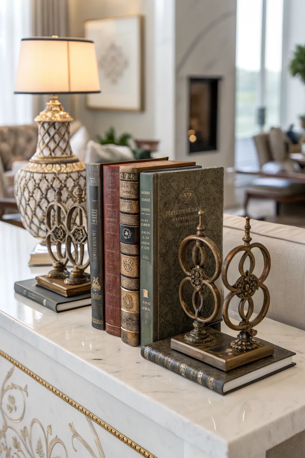 Decorative bookends supporting books on a shelf, enhancing visual interest in a cozy setting.