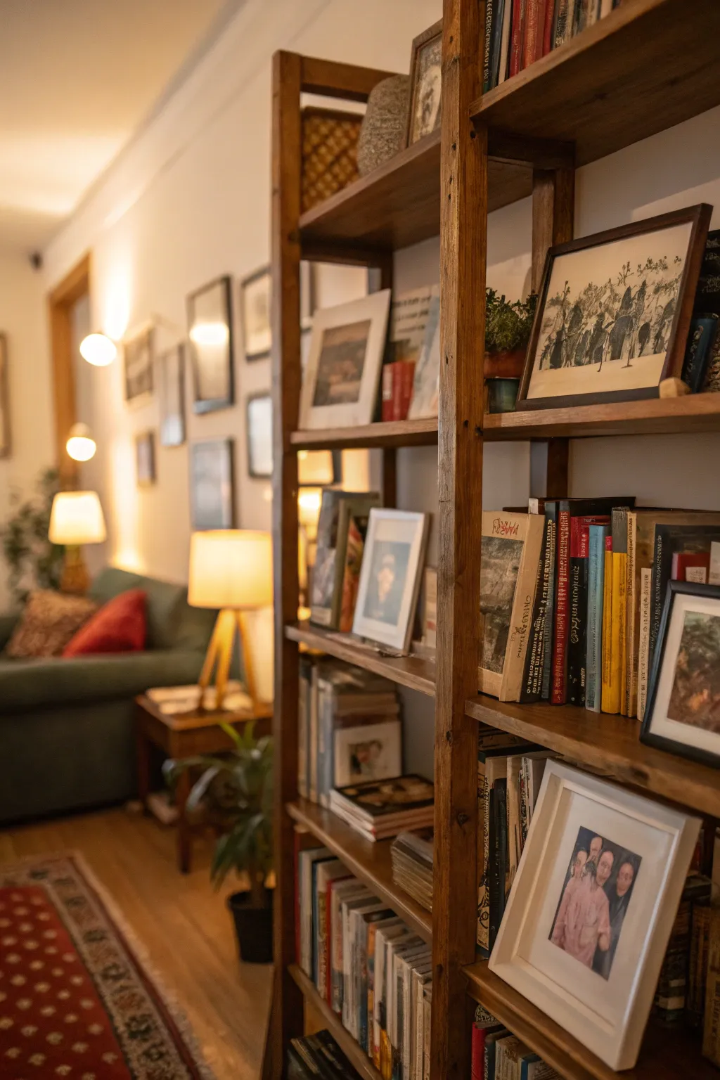 Art pieces and framed photos displayed among books on a shelf, adding character to the space.