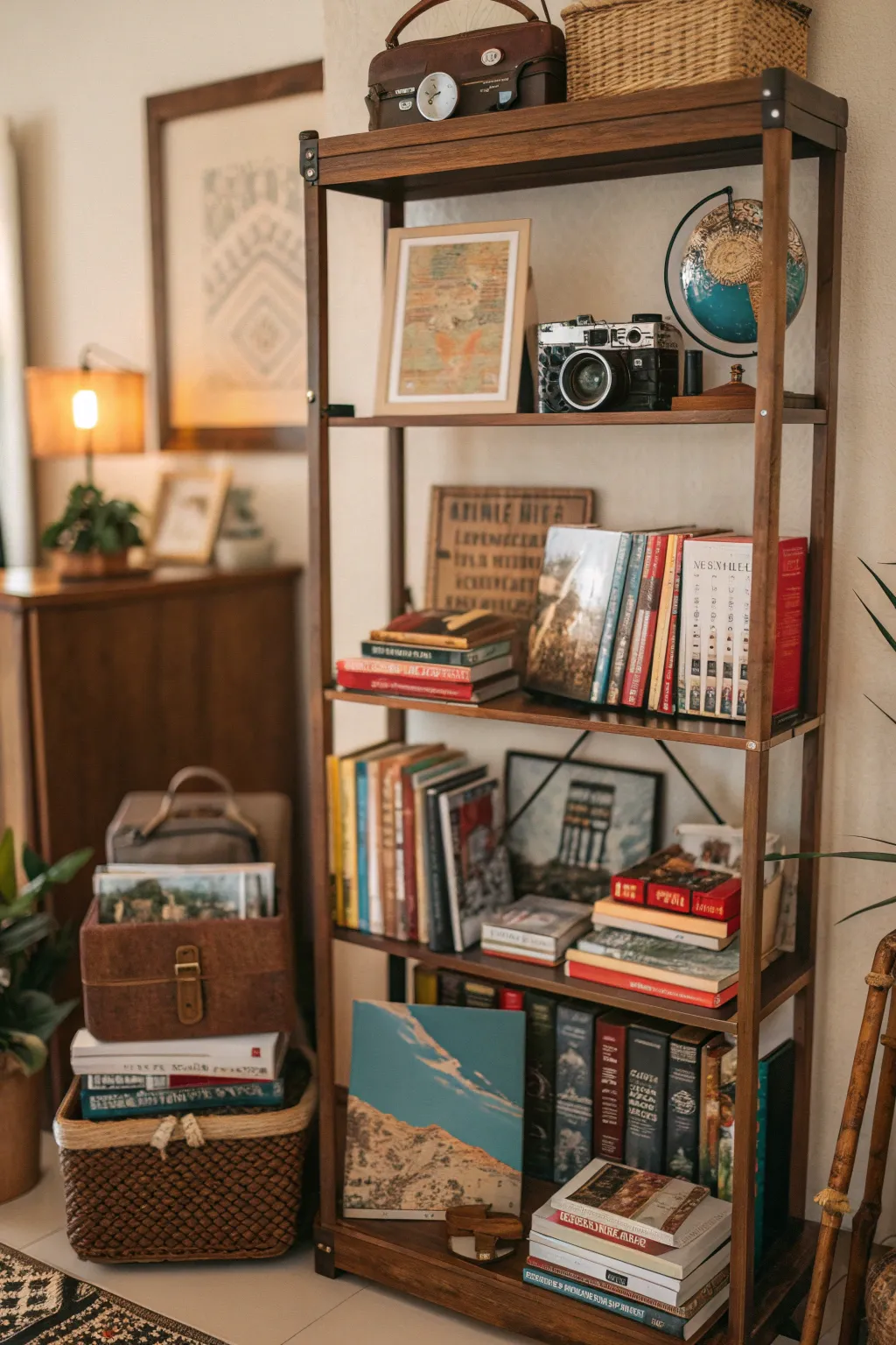 Travel-themed shelf with guides and souvenirs, reflecting a love for exploration and adventure.