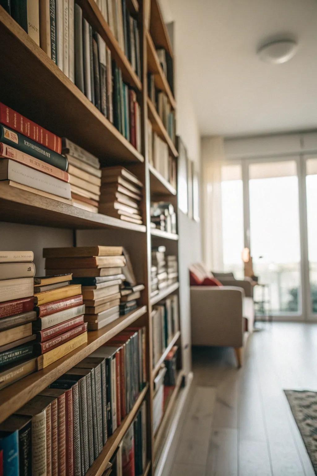 Books of varying heights arranged on a shelf, creating a dynamic and engaging visual display.