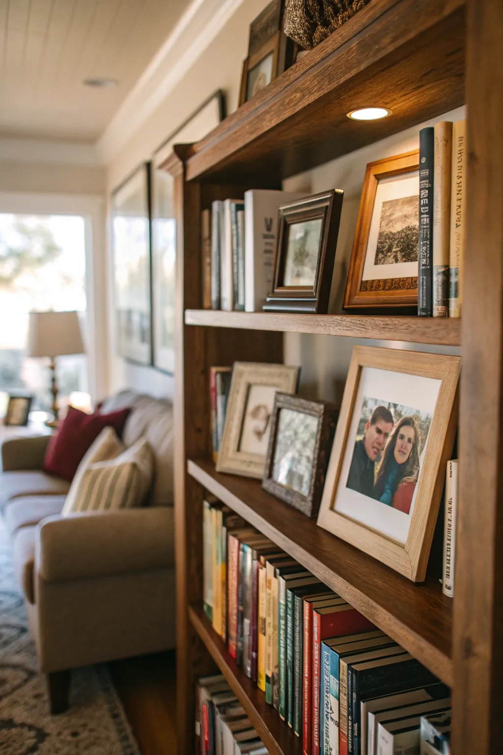 Family photos in frames displayed on a bookshelf, adding a personal touch to the decor.