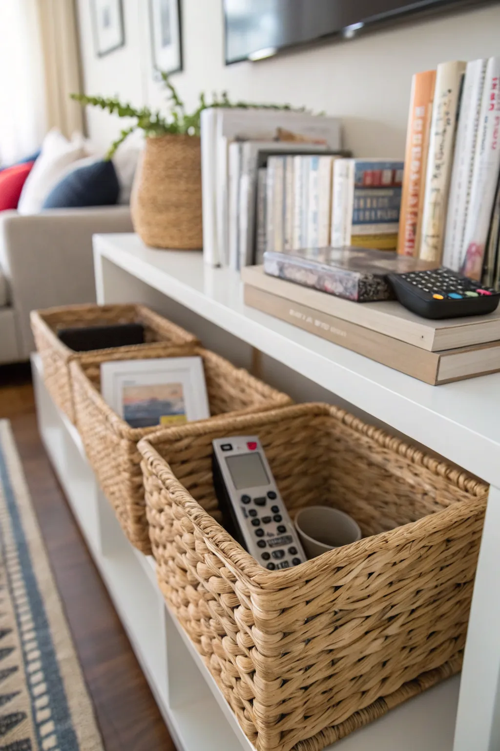 Woven baskets on a shelf, providing organization and texture in a cozy living room.