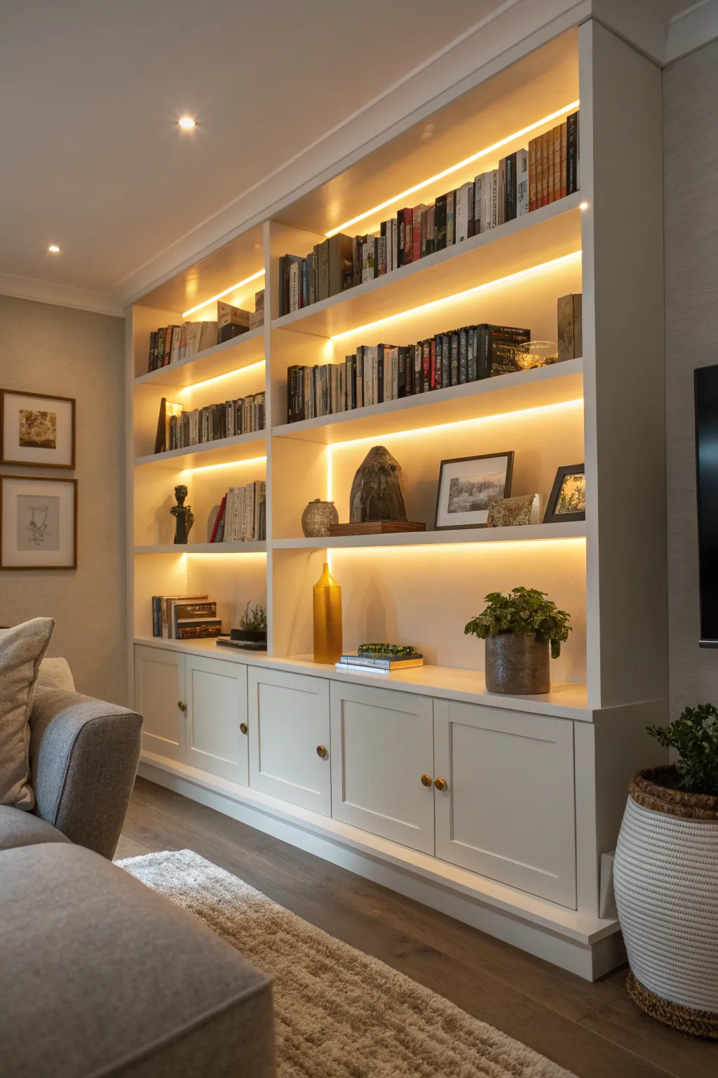 LED strip lights illuminating bookshelves, creating a cozy and modern ambiance.