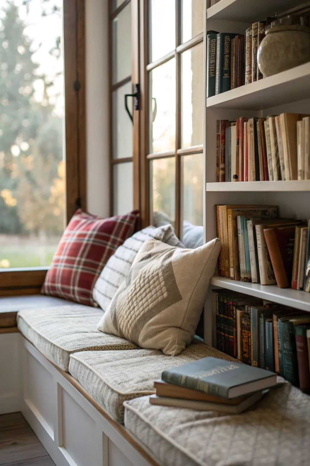 Cozy reading nook with cushions near a bookshelf, inviting relaxation and enjoyment.